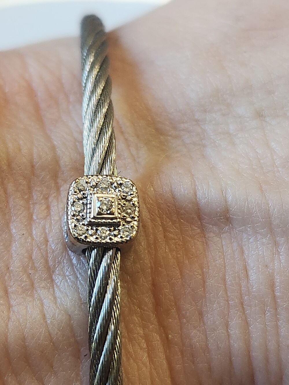Charriol Steel Cable Bracelet with Pavé Square Accent Diamonds